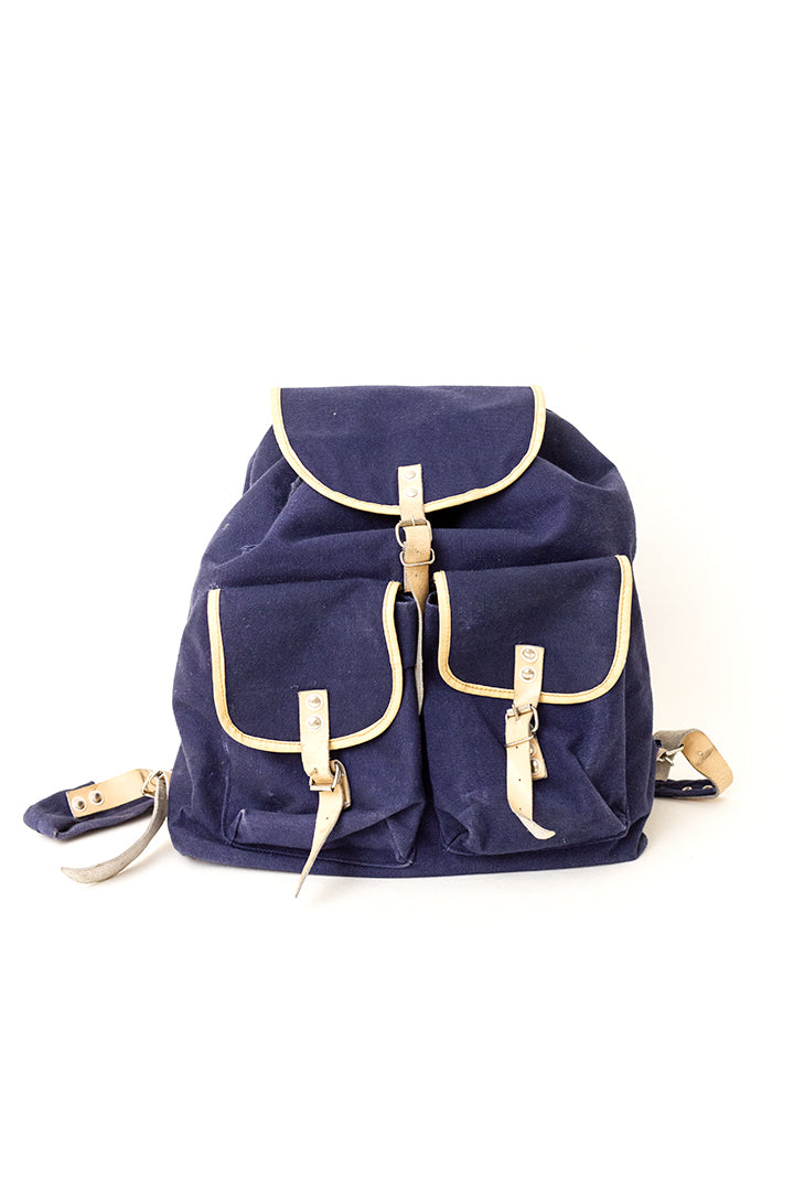 Vintage rugzak van donkerblauw katoen met leren details