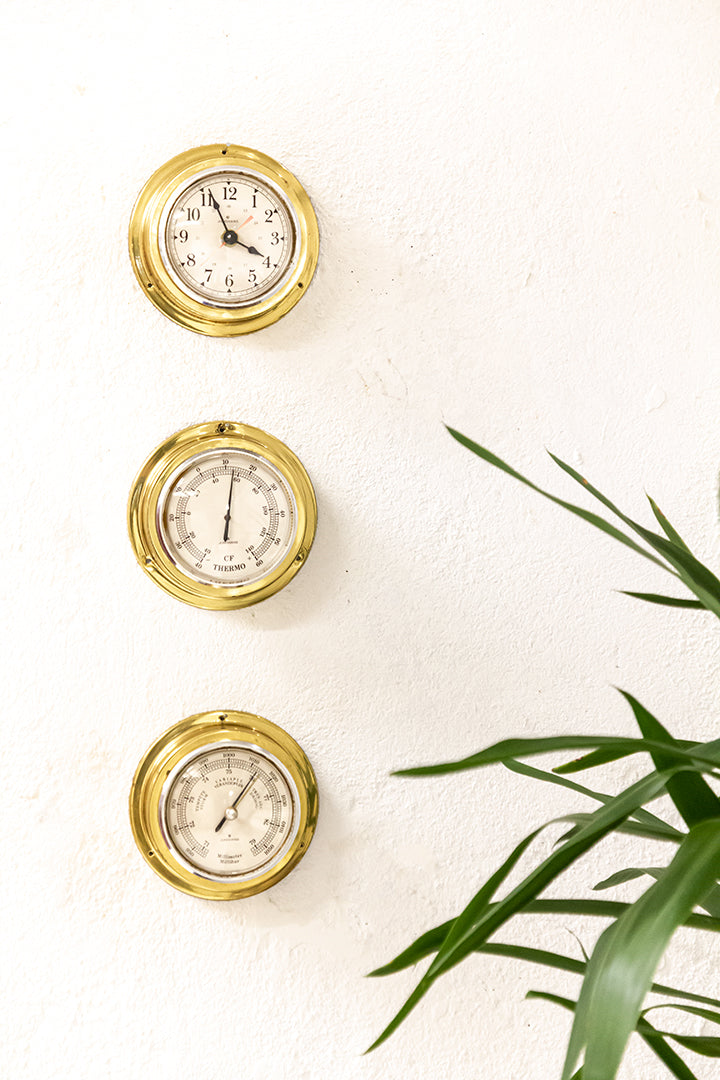 Vintage scheepsklok, thermo- en barometer van massief messing Junghans