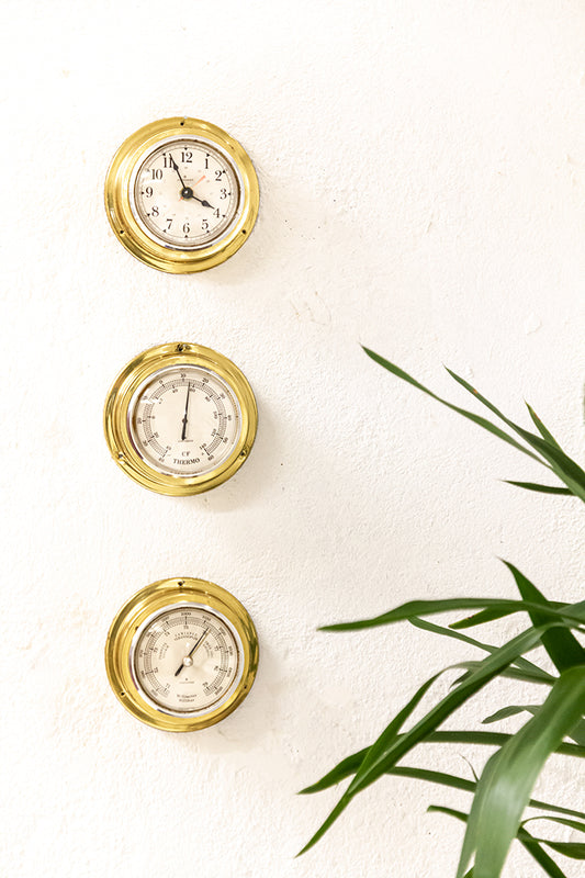 Vintage scheepsklok, thermo- en barometer van massief messing Junghans