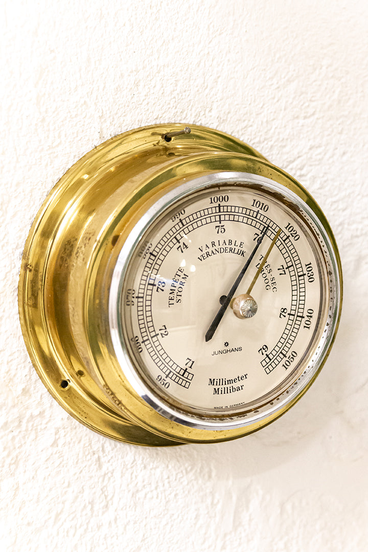 Vintage scheepsklok, thermo- en barometer van massief messing Junghans