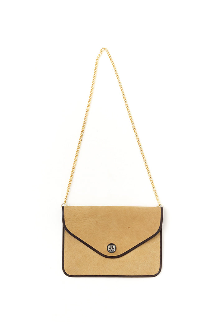 Vintage schoudertas bruin/beige met goudkleurige chain Rochas