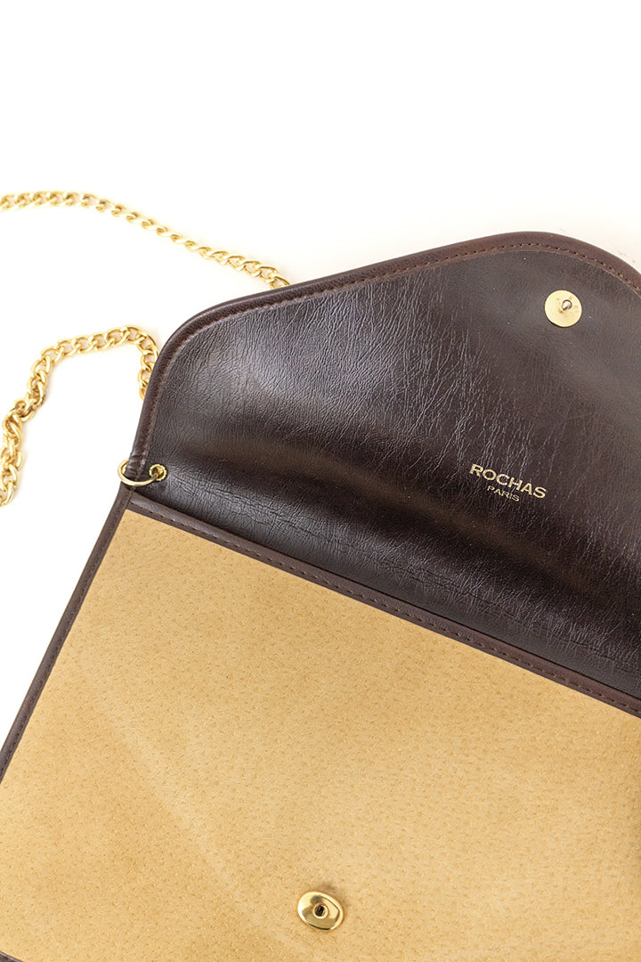 Vintage schoudertas bruin/beige met goudkleurige chain Rochas
