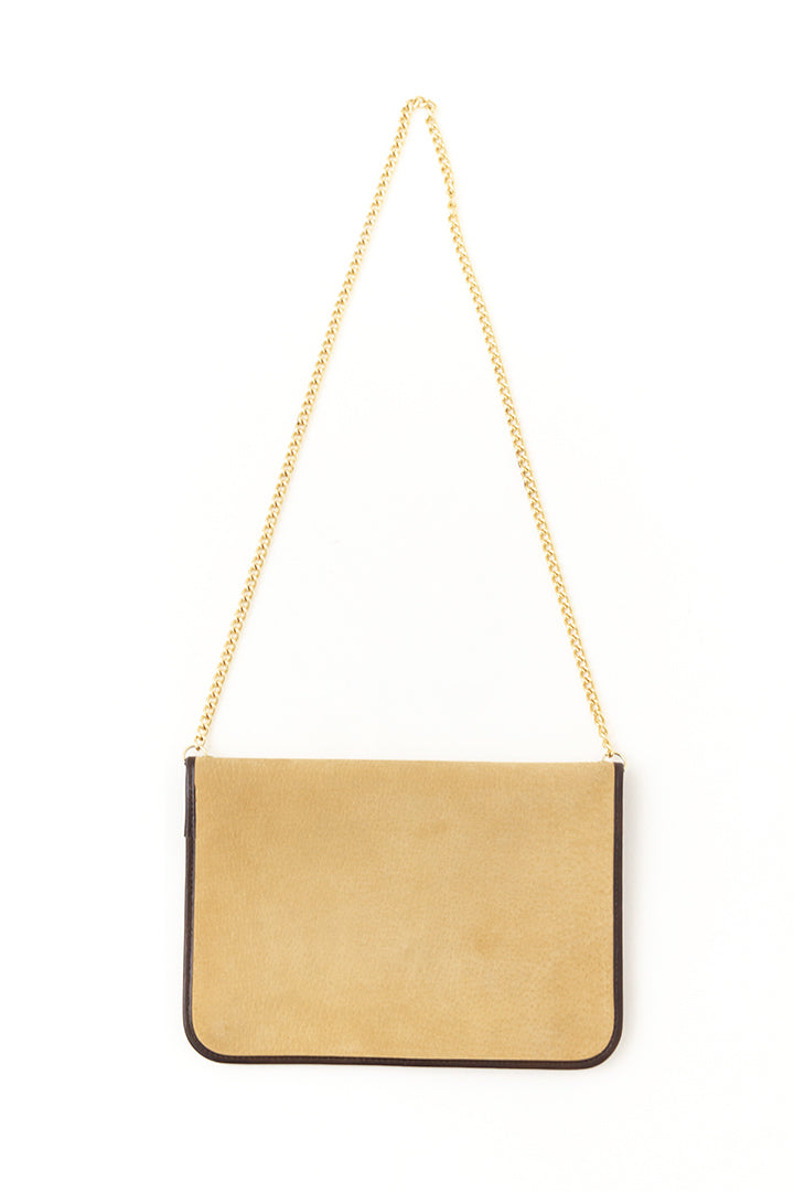 Vintage schoudertas bruin/beige met goudkleurige chain Rochas