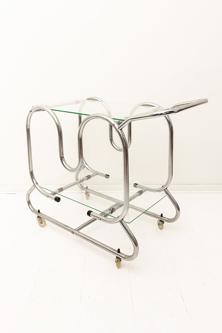 Vintage serveerwagen met verchroomd frame en twee glazen bladen