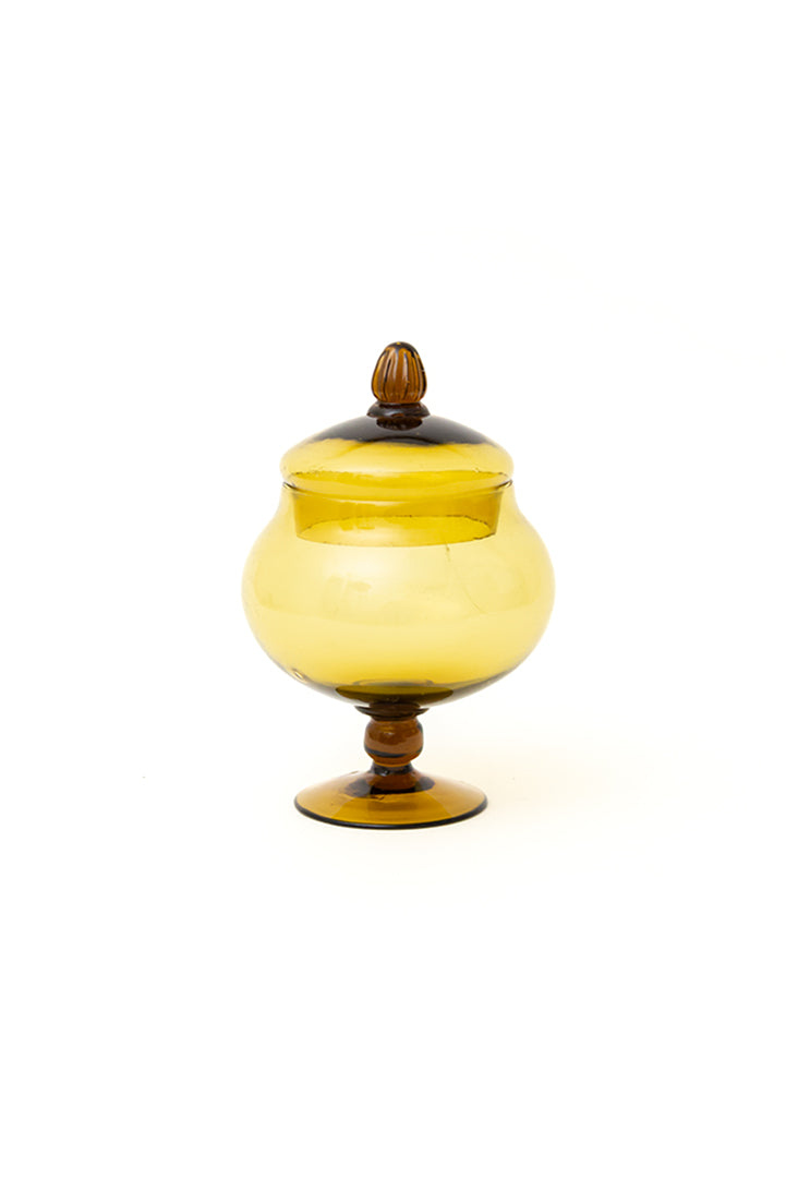 Vintage snoeppot van amberkleurig glas met deksel