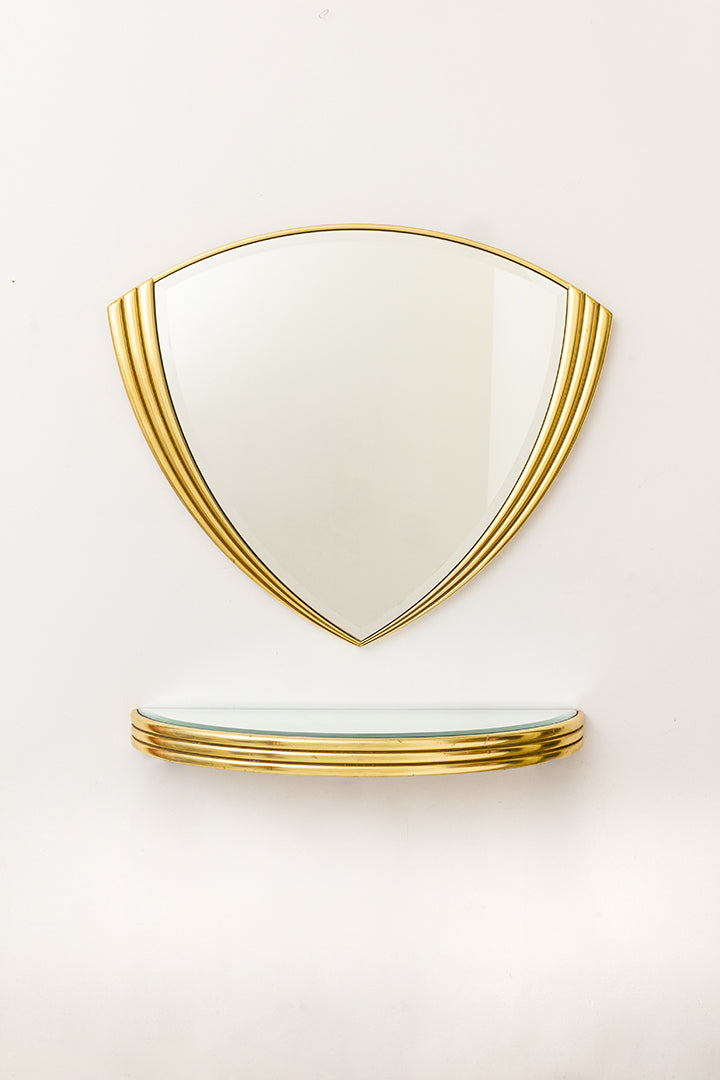 Vintage spiegel en planchet waaiervormig Art Deco met vergulde omlijsting