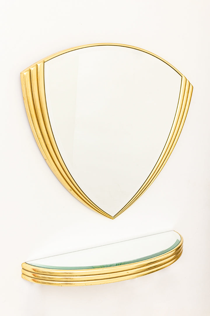 Vintage spiegel en planchet waaiervormig Art Deco met vergulde omlijsting