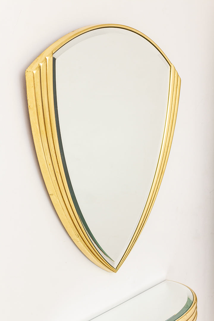 Vintage spiegel en planchet waaiervormig Art Deco met vergulde omlijsting