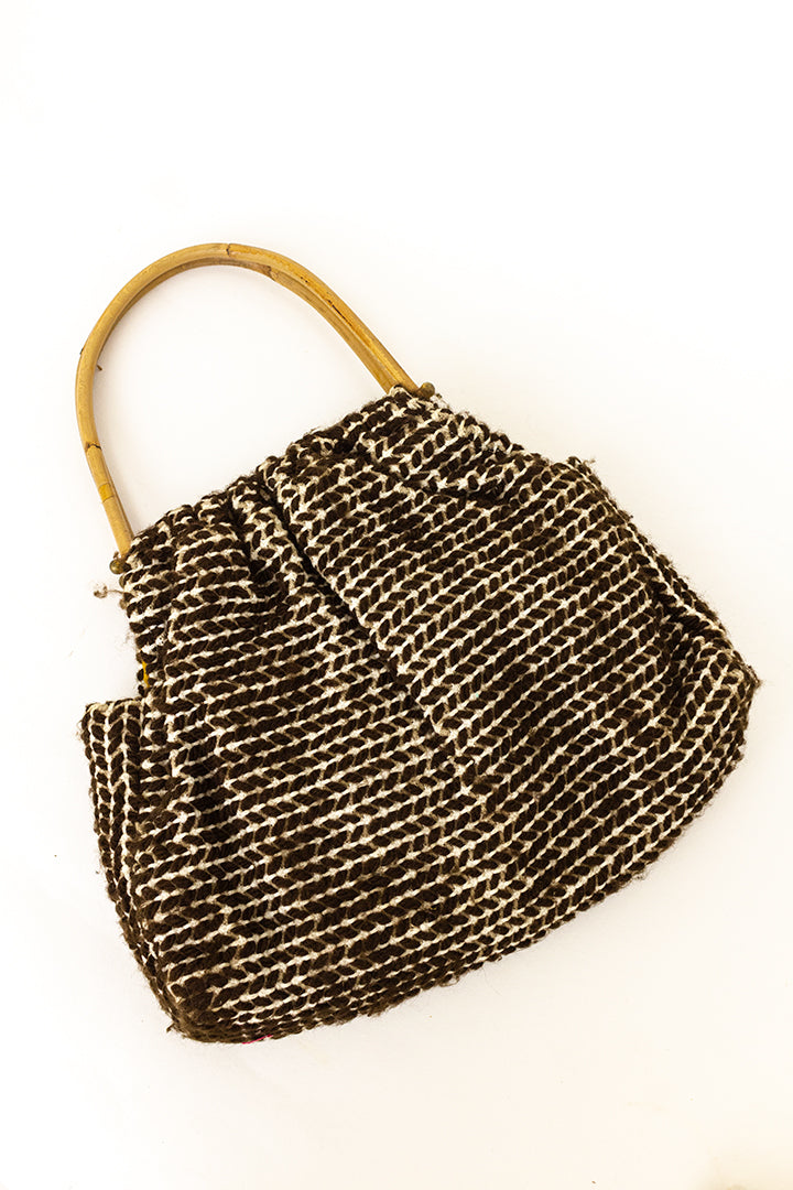 Vintage stoffen handtas bruin/wit met bamboe handvatten
