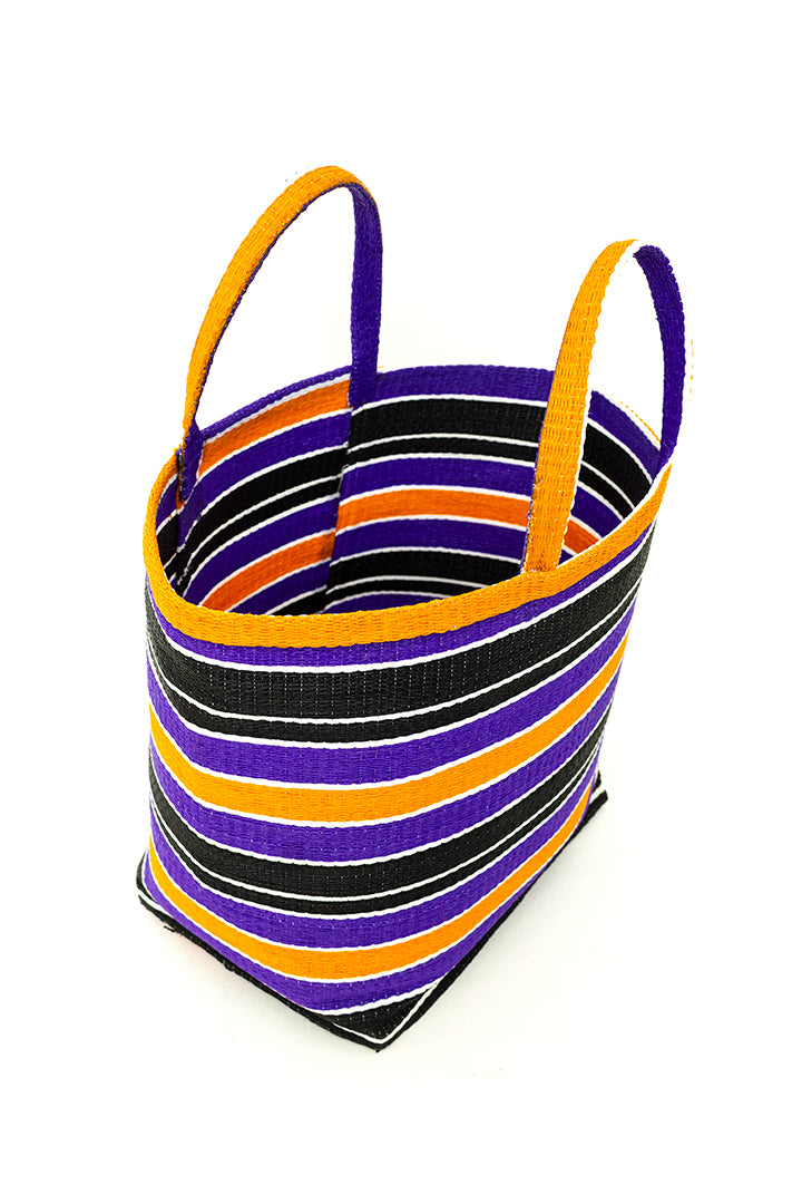 Vintage strandtas paars/oranje/wit gestreept kunststof
