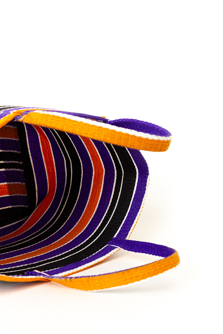 Vintage strandtas paars/oranje/wit gestreept kunststof