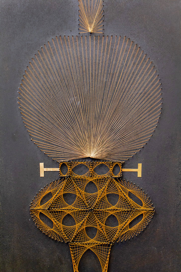 Vintage string art geometrische olielamp in houten lijst