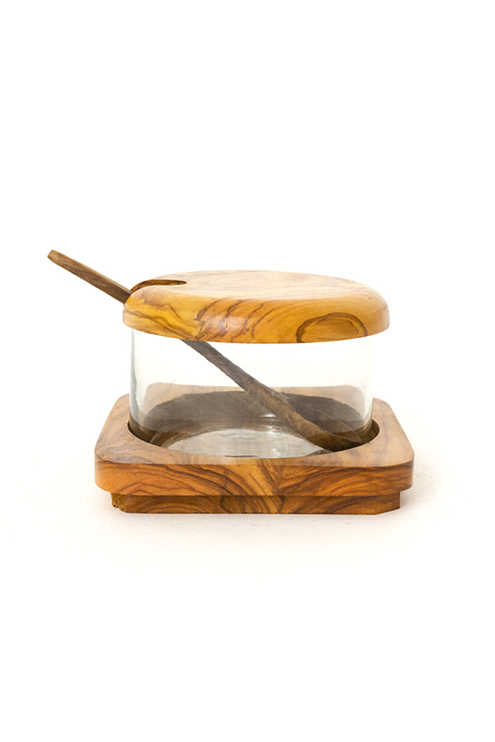 Vintage suikerpot met lepeltje olijfhout en glas