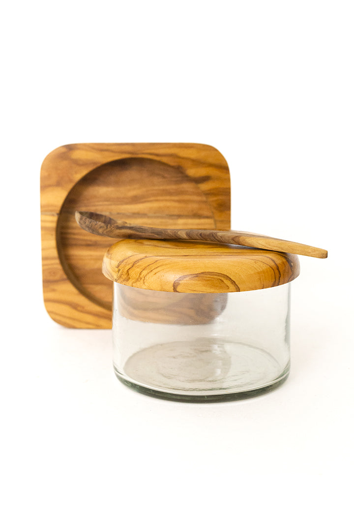 Vintage suikerpot met lepeltje olijfhout en glas