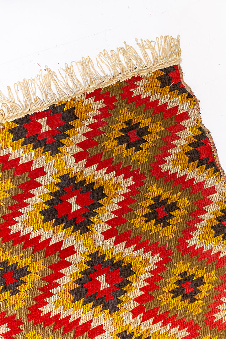 Vintage tapijt met zigzag patroon in rood/geel/bruin/beige