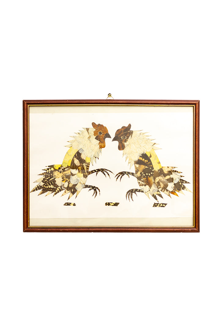 Vintage taxidermie schilderij - hanen van vlindervleugels