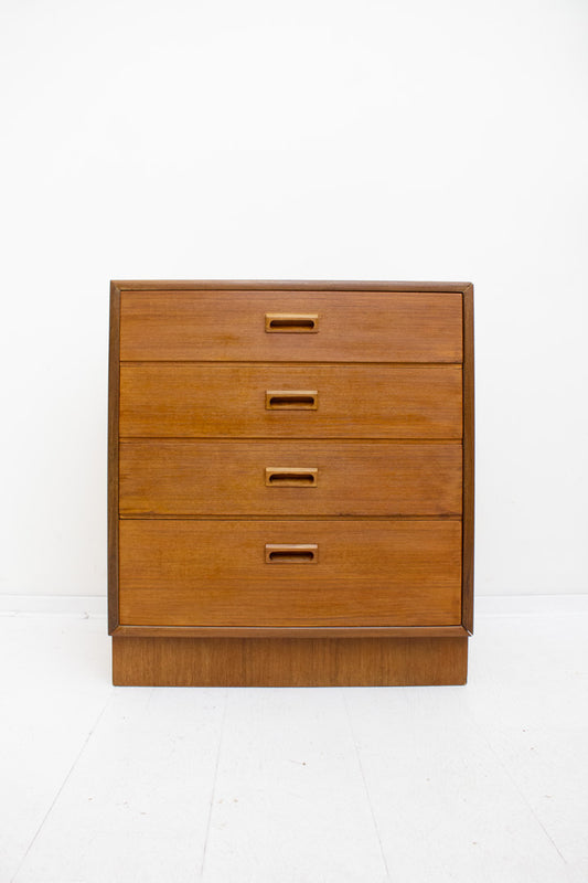 Vintage ladekastje van teak-fineer met elegante handgreepjes