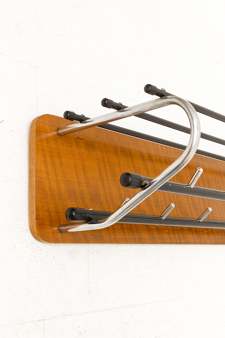 Vintage teakhouten wandkapstok met hoedenplank jaren 60