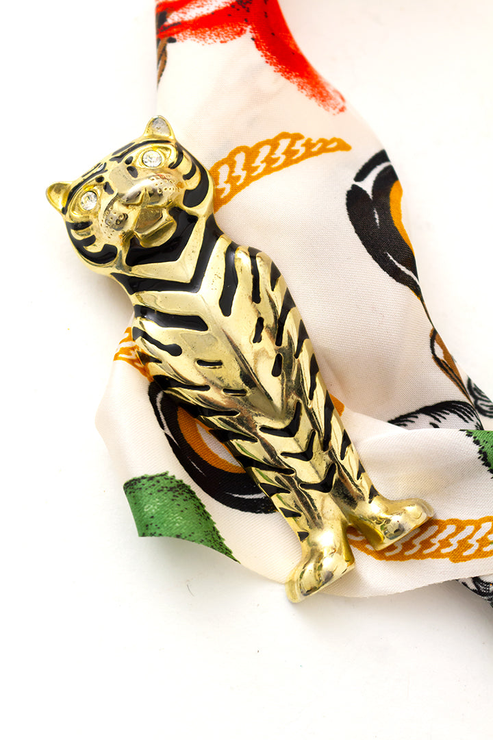 Vintage tijger broche goudkleurig met strass steentjes