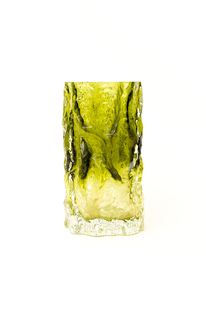 Vintage vaas Ingrid Glas groen kristalglas met boomschors reliëf
