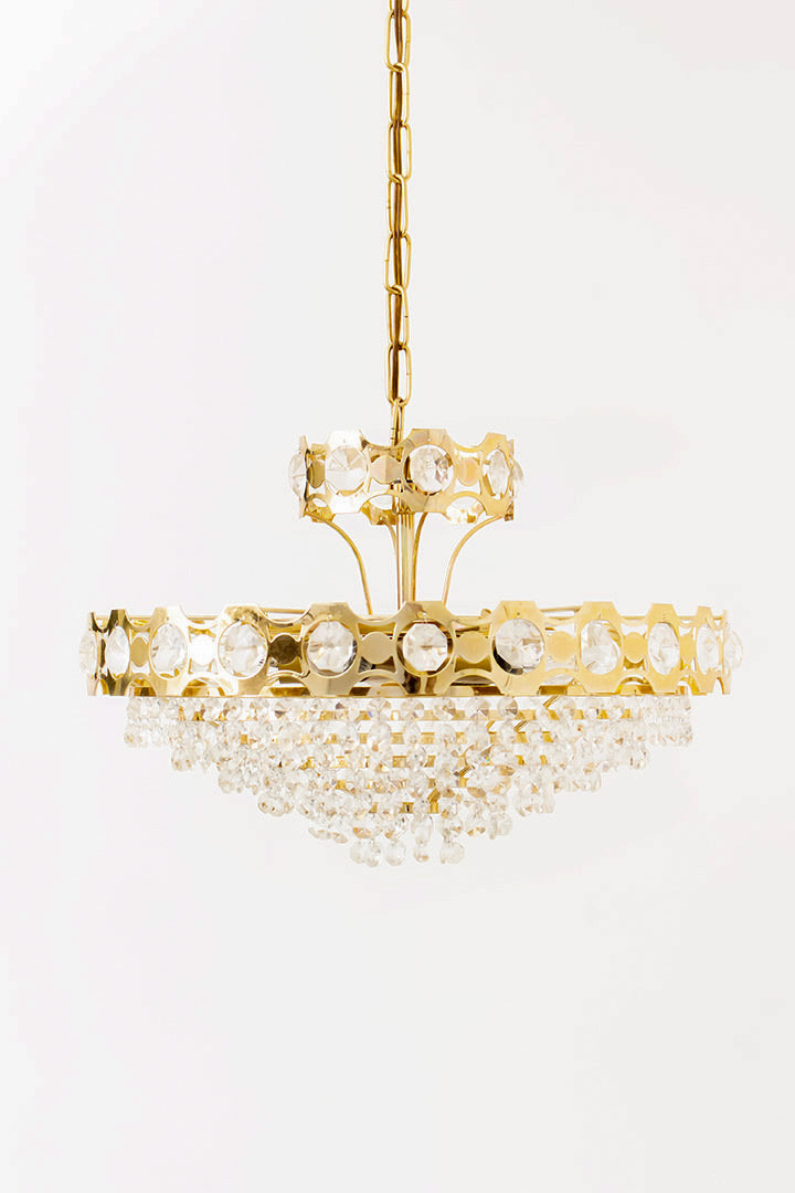 Vintage vergulde kroonluchter Odreco Deens design met glazen steentjes