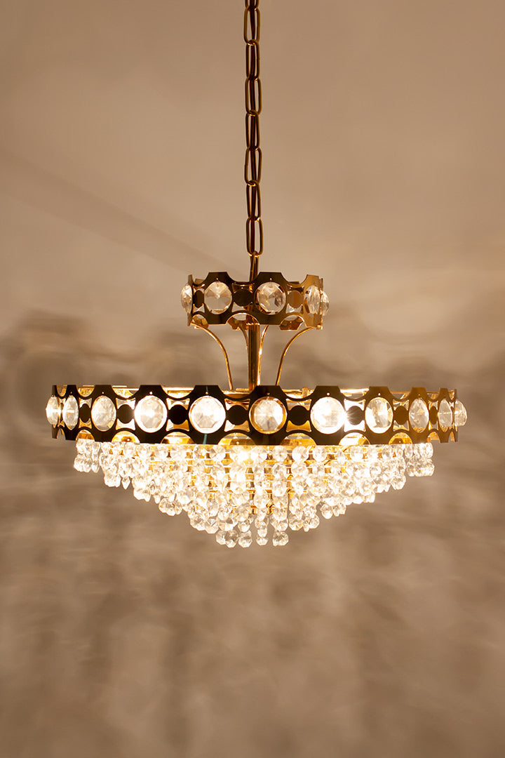 Vintage vergulde kroonluchter Odreco Deens design met glazen steentjes