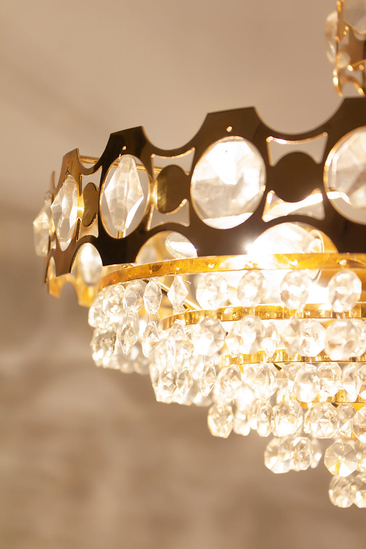 Vintage vergulde kroonluchter Odreco Deens design met glazen steentjes