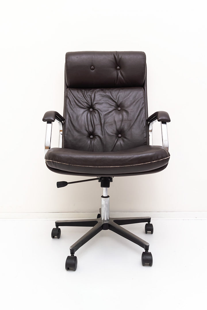Vintage verstelbare bureaustoel bekleed met bruin skai-leer Zefla Italy