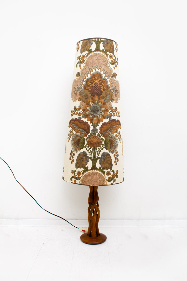 Vintage vloerlamp verweven teakhout voet met 70s lange kap