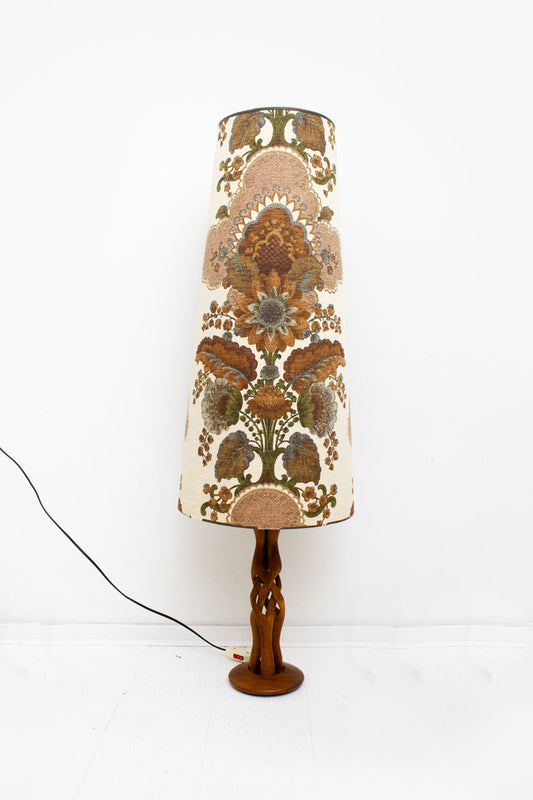 Vintage vloerlamp verweven teakhout voet met 70s lange kap