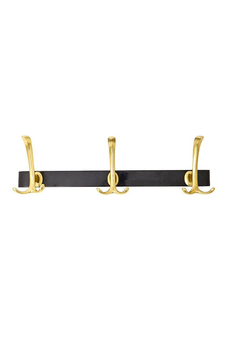 Vintage wandkapstok met messing haken en zwarte metalen balk