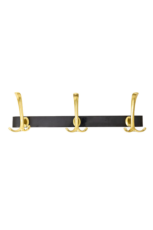 Vintage wandkapstok met messing haken en zwarte metalen balk