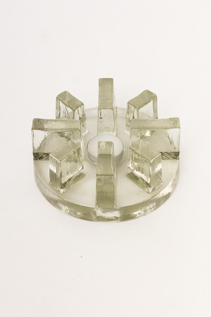 Vintage waxinelichthouder of rechaud van massief glas met stroken West-Germany