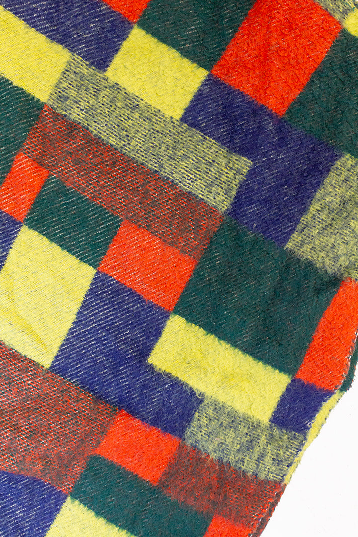 Vintage wollen deken geblokt rood/geel/blauw/groen
