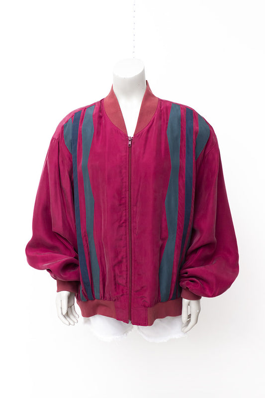 Vintage zijden bomberjack wijnrood met groen en blauwe strepen