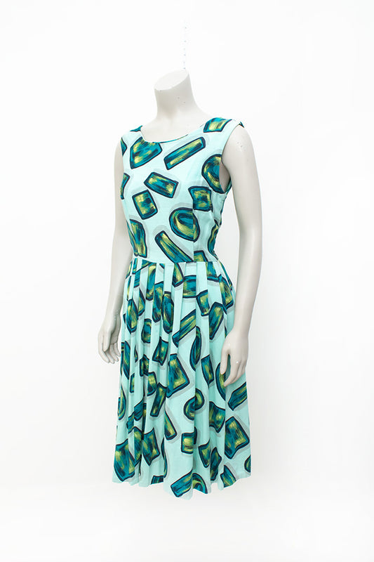 Vintage zomerjurk mintgroen met abstracte vormen jaren 50