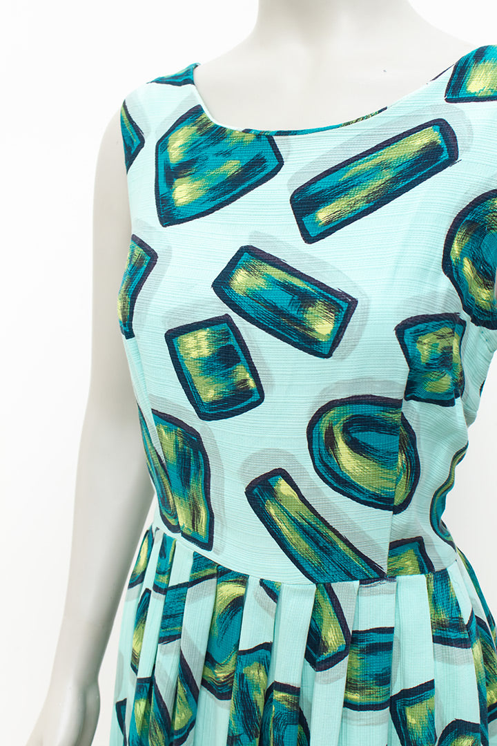 Vintage zomerjurk mintgroen met abstracte vormen jaren 50