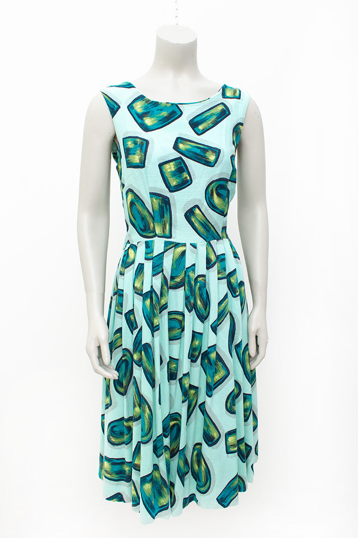 Vintage zomerjurk mintgroen met abstracte vormen jaren 50