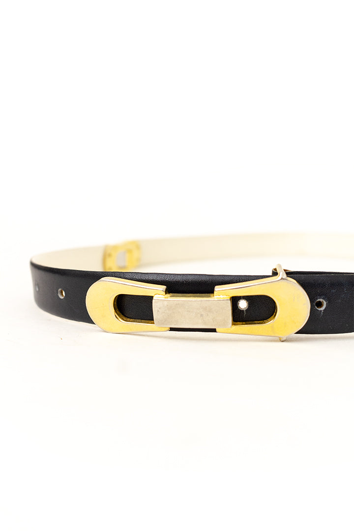 Vintage zwart/wit leren riem met goudkleurige metalen gespen
