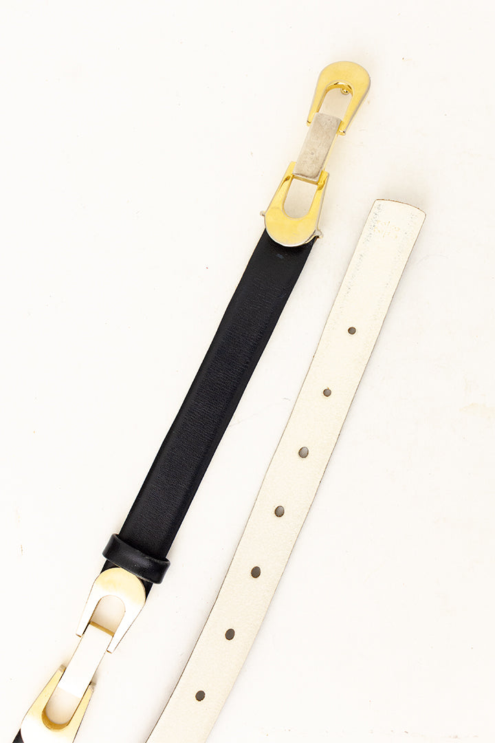 Vintage zwart/wit leren riem met goudkleurige metalen gespen