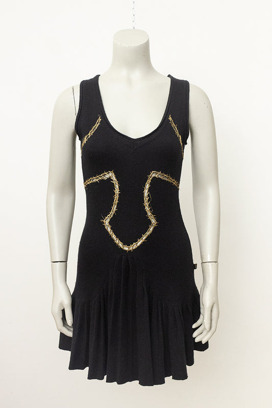 Vintage zwarte gebreide jurk met goudkleurig stiksel Just Cavalli