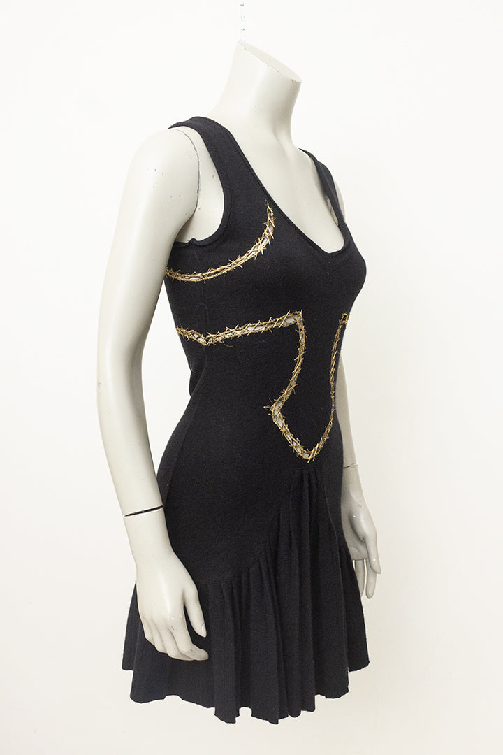 Vintage zwarte gebreide jurk met goudkleurig stiksel Just Cavalli