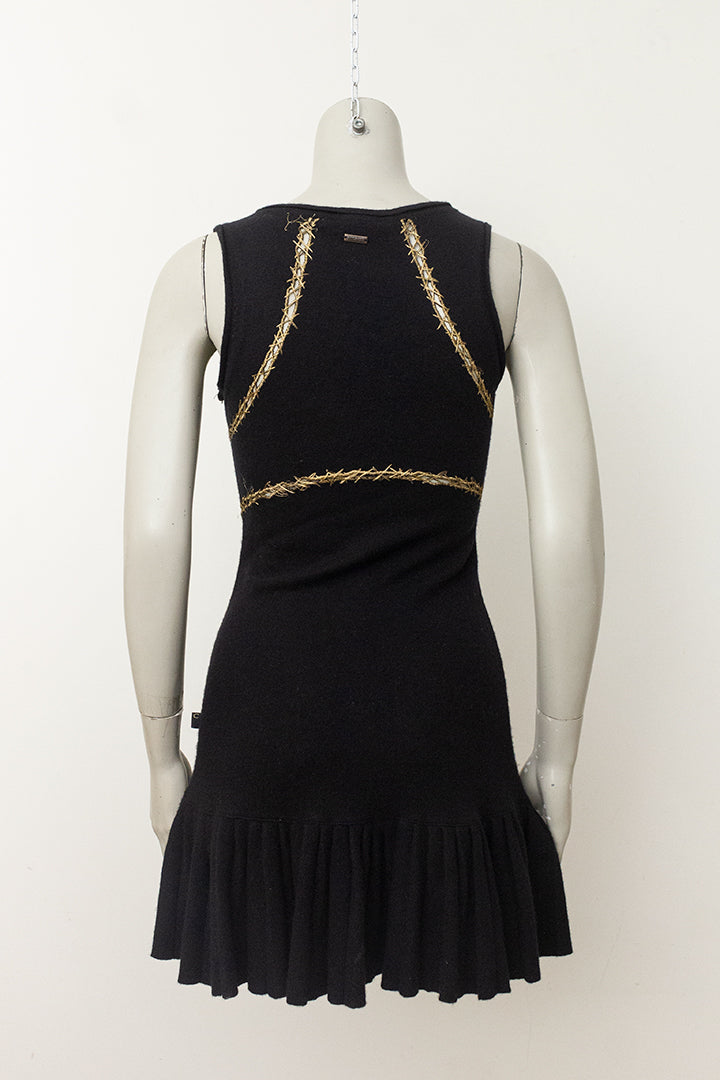 Vintage zwarte gebreide jurk met goudkleurig stiksel Just Cavalli