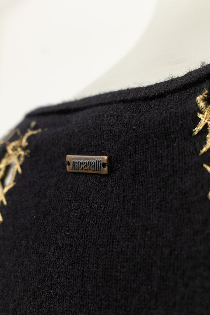 Vintage zwarte gebreide jurk met goudkleurig stiksel Just Cavalli