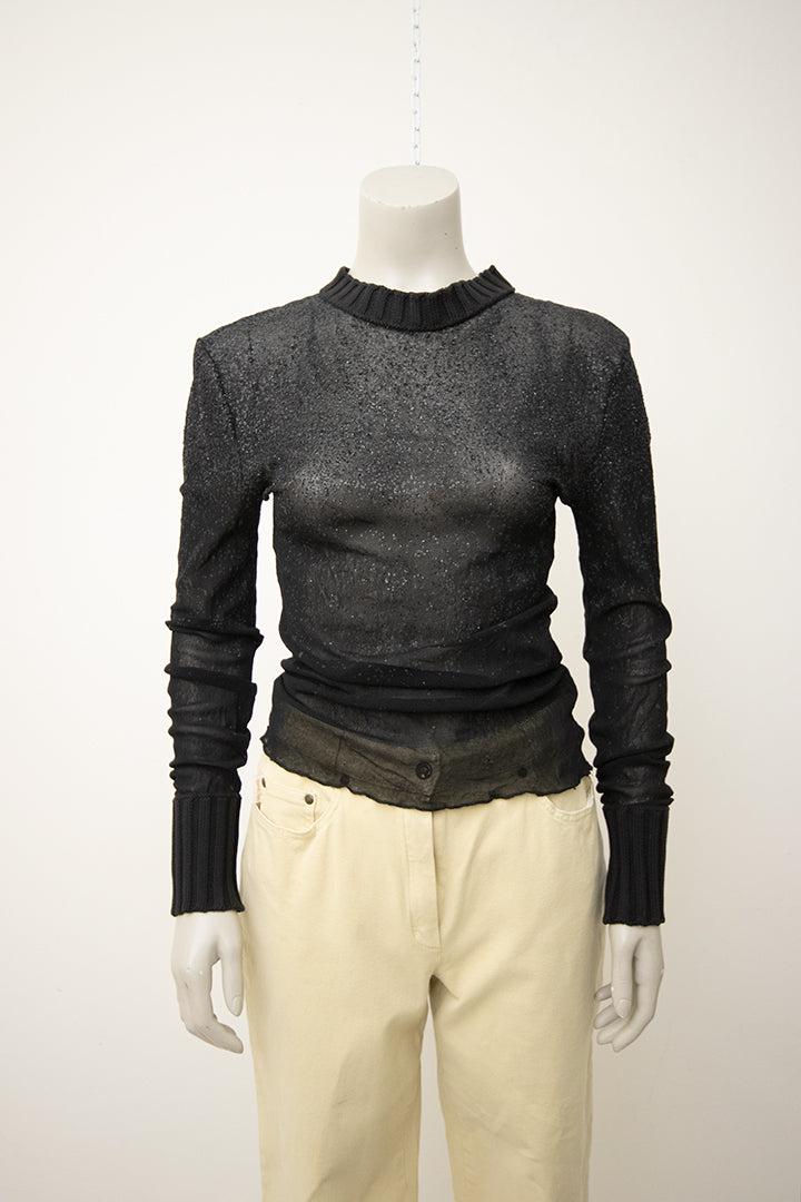 Vintage zwarte sheer top Jean Paul Gaultier Maille met glitter en gebreide col