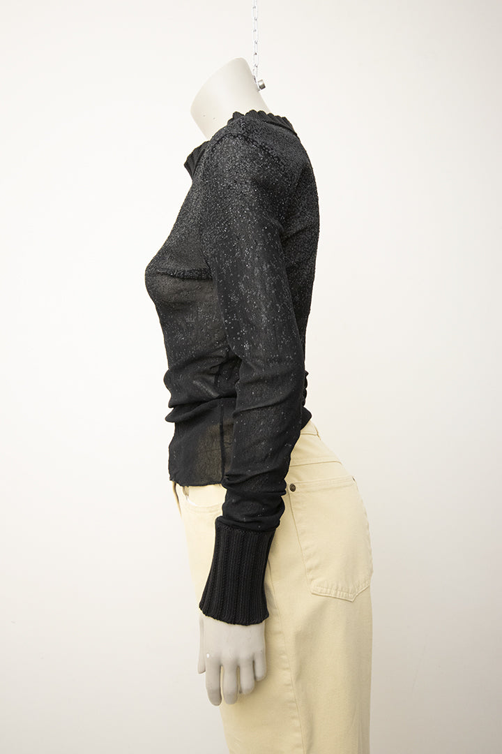 Vintage zwarte sheer top Jean Paul Gaultier Maille met glitter en gebreide col
