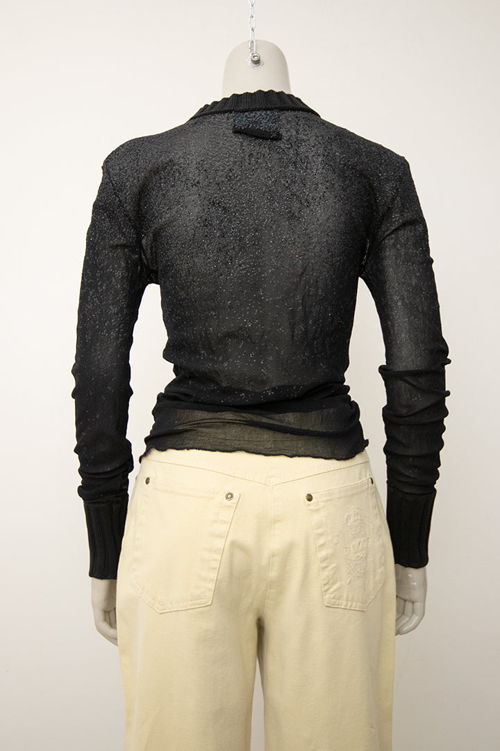 Vintage zwarte sheer top Jean Paul Gaultier Maille met glitter en gebreide col
