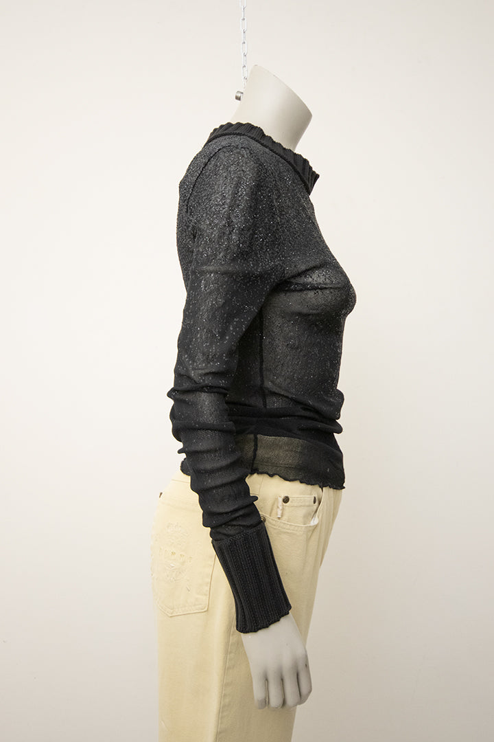 Vintage zwarte sheer top Jean Paul Gaultier Maille met glitter en gebreide col