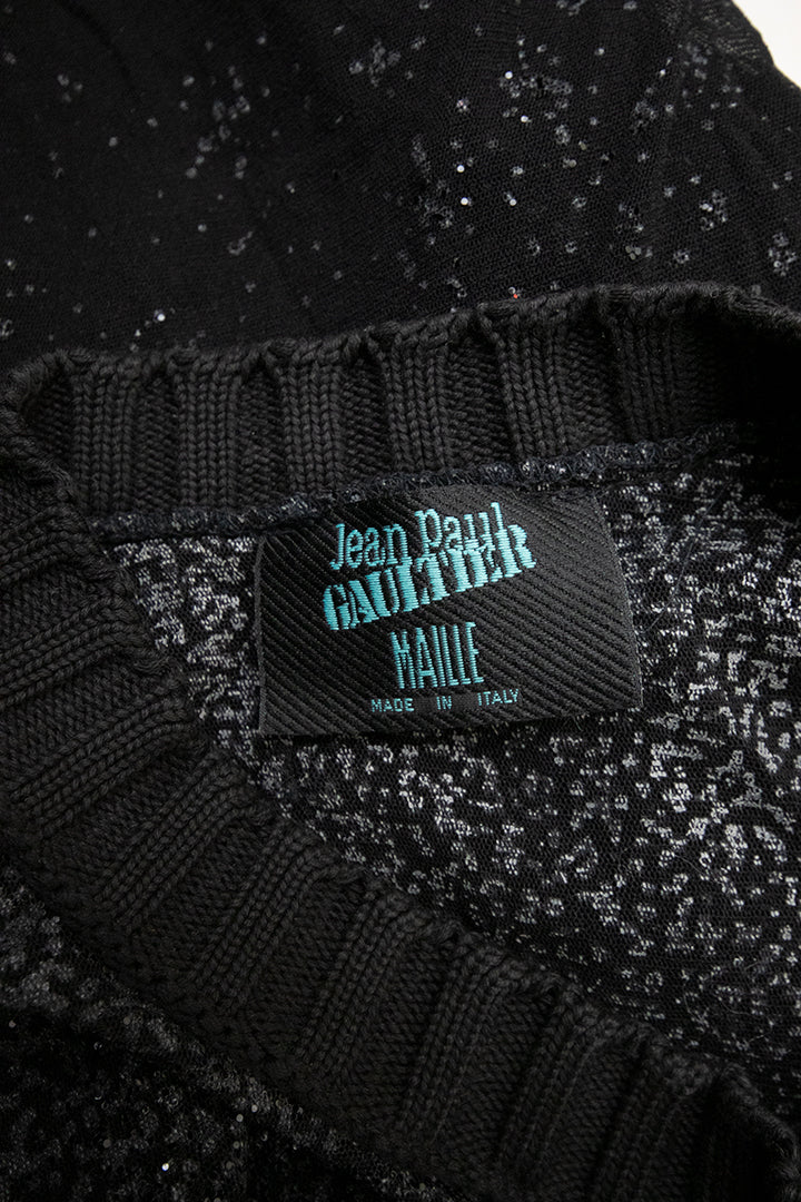 Vintage zwarte sheer top Jean Paul Gaultier Maille met glitter en gebreide col