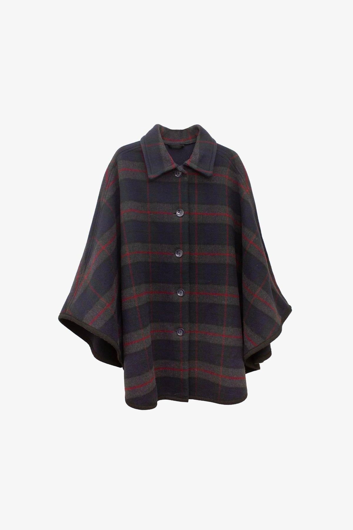 Vintage grijs blauw plaid wollen cape jas